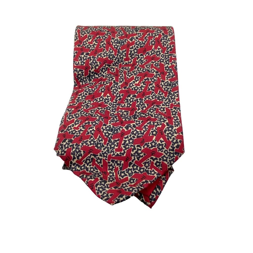 Guggenheim Museum Necktie Airplane Star Print Classic Men's Red Black 100% Silk